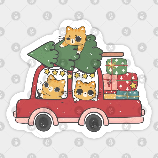 Cute kawaii ginger orange kitten cat on Christmas car cartoon Sticker by Janatshie